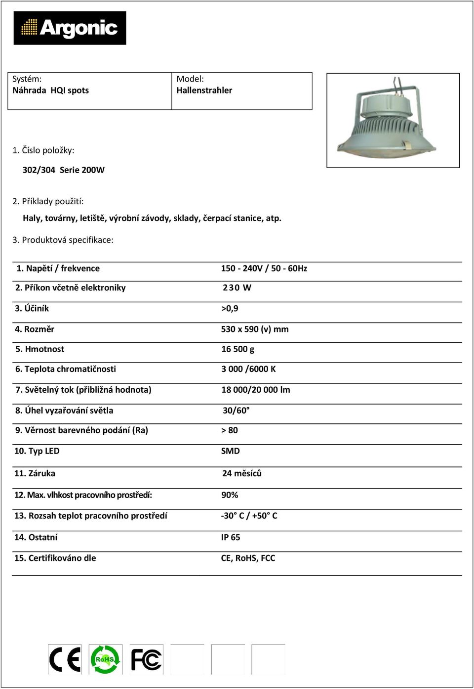 Světelný tok (přibližná hodnota) 18000/20000 lm 8. Úhel vyzařování světla 30/60 10. Typ LED SMD 11.