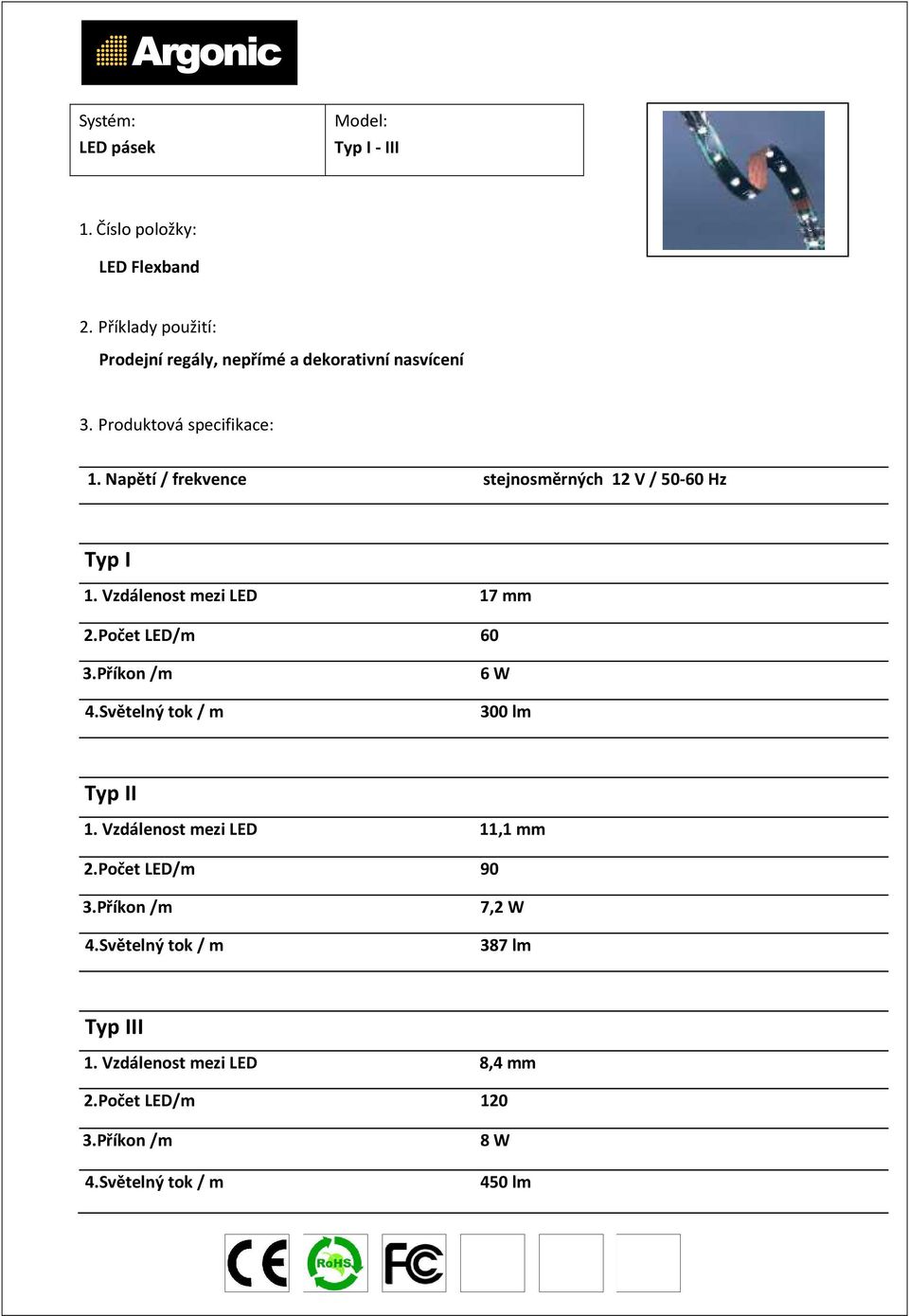 Příkon /m 4.Světelný tok / m 6 W 300 lm Typ II 1. Vzdálenost mezi LED 11,1 mm 2.Počet LED/m 90 3.