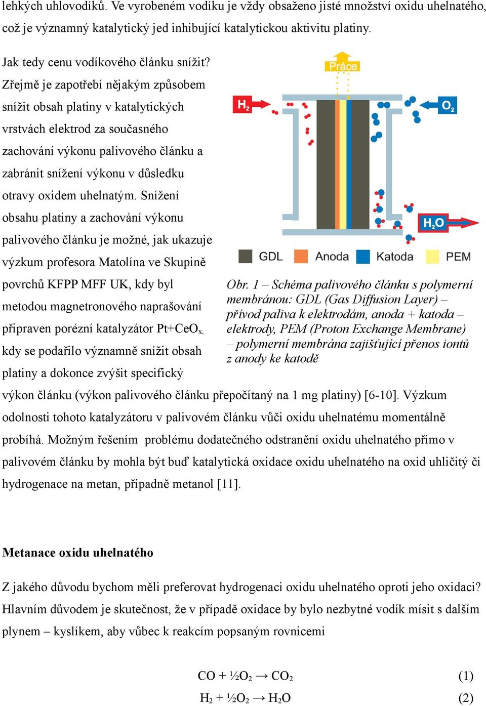 Zřejmě je zapotřebí nějakým způsobem snížit obsah platiny v katalytických vrstvách elektrod za současného zachování výkonu palivového článku a zabránit snížení výkonu v důsledku otravy oxidem