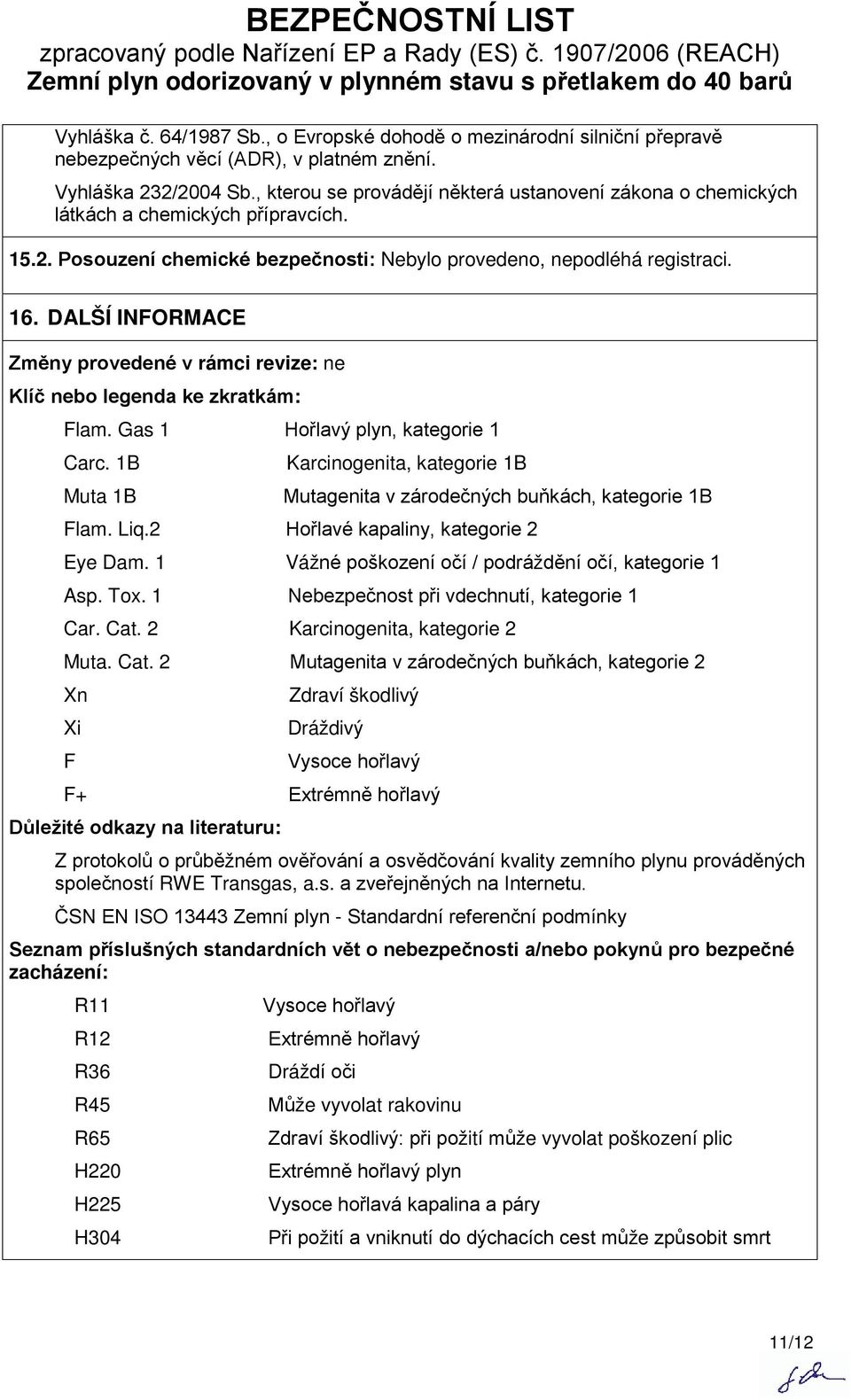 DALŠÍ INFORMACE Změny provedené v rámci revize: ne Klíč nebo legenda ke zkratkám: Flam. Gas 1 Hořlavý plyn, kategorie 1 Carc.