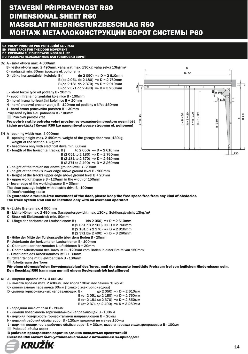 13kg, weight of the section 13kg/m² C - headroom only with electrical drive min.