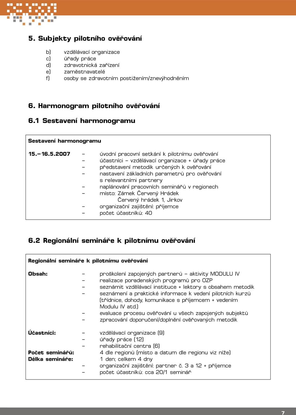 16.5.2007 úvodní pracovní setkání k pilotnímu ověřování účastníci vzdělávací organizace + úřady práce představení metodik určených k ověřování nastavení základních parametrů pro ověřování s