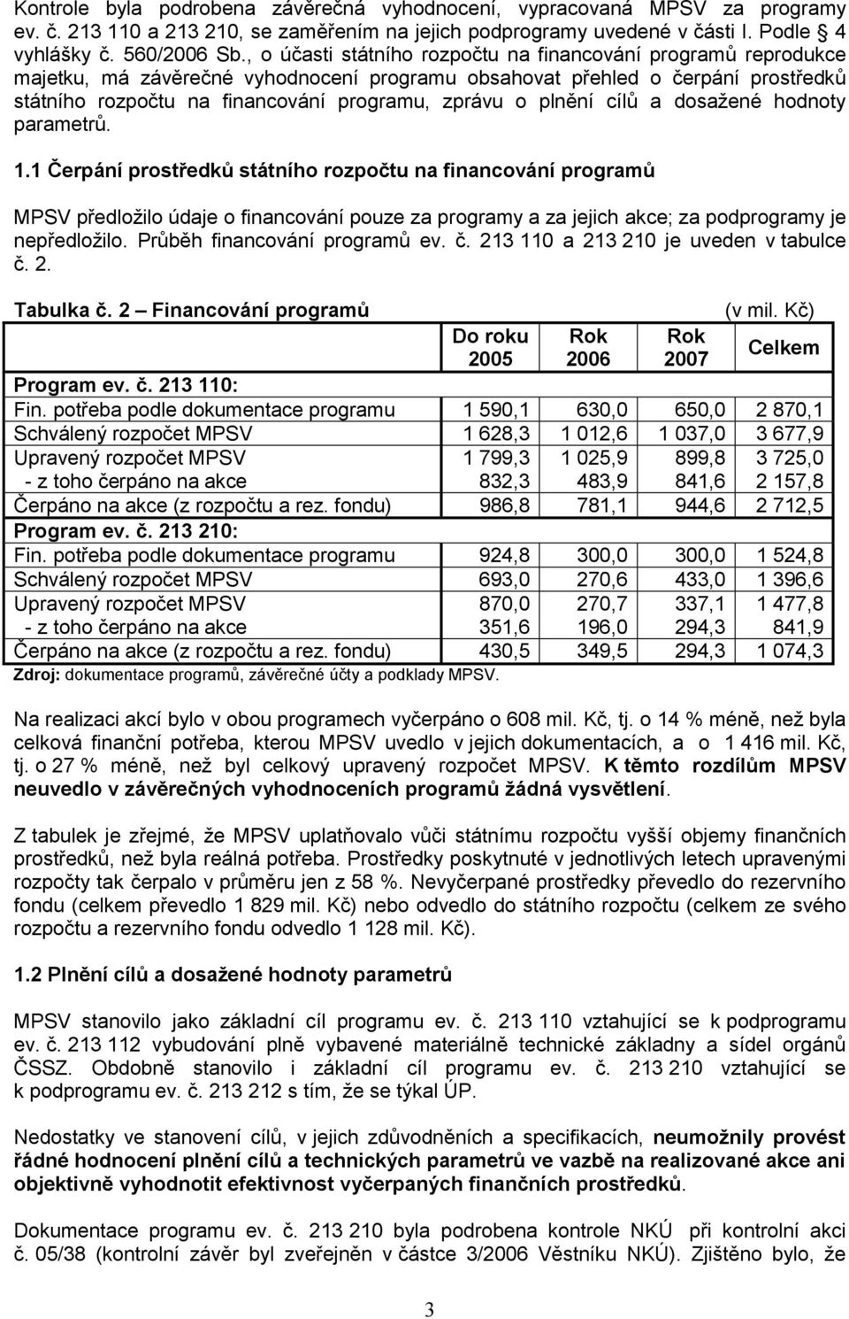 plnění cílů a dosažené hodnoty parametrů. 1.