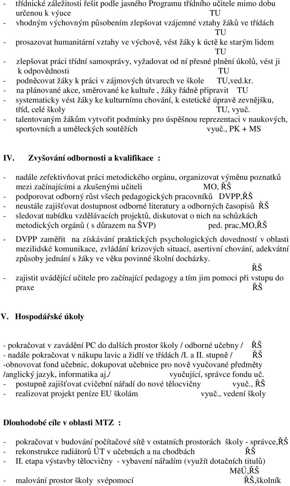 útvarech ve škole TU,ved.kr. - na plánované akce, směrované ke kultuře, žáky řádně připravit TU - systematicky vést žáky ke kulturnímu chování, k estetické úpravě zevnějšku, tříd, celé školy TU, vyuč.