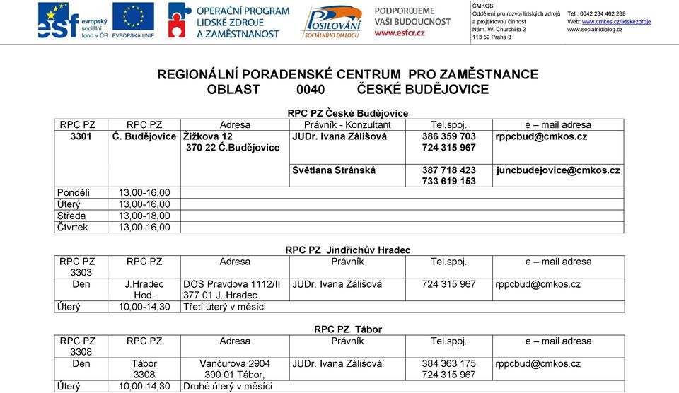 cz Pondělí 13,00-16,00 Úterý 13,00-16,00 Středa 13,00-18,00 Čtvrtek 13,00-16,00 Světlana Stránská 387 718 423 733 619 153 juncbudejovice@cmkos.cz RPC PZ Jindřichův Hradec 3303 Den J.