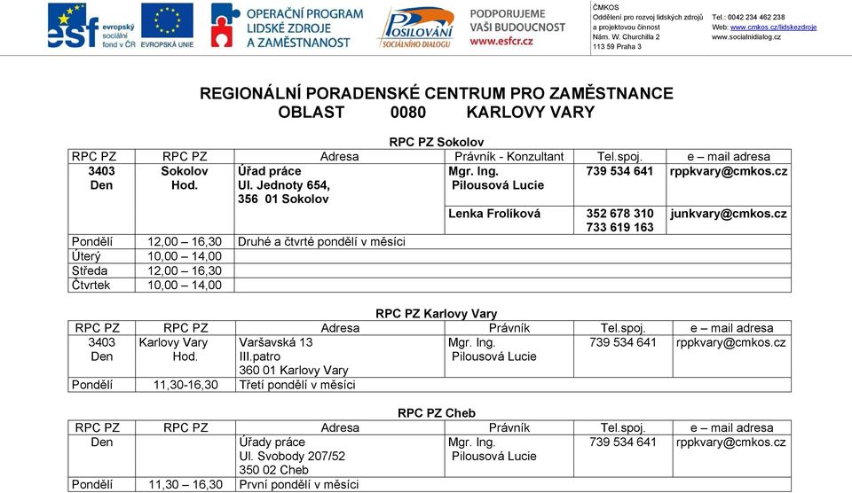 Jednoty 654, 356 01 Sokolov Pondělí 12,00 16,30 Druhé a čtvrté pondělí v měsíci Úterý 10,00 14,00 Středa 12,00 16,30 Čtvrtek 10,00 14,00 Lenka Frolíková 352 678 310 733 619 163 junkvary@cmkos.