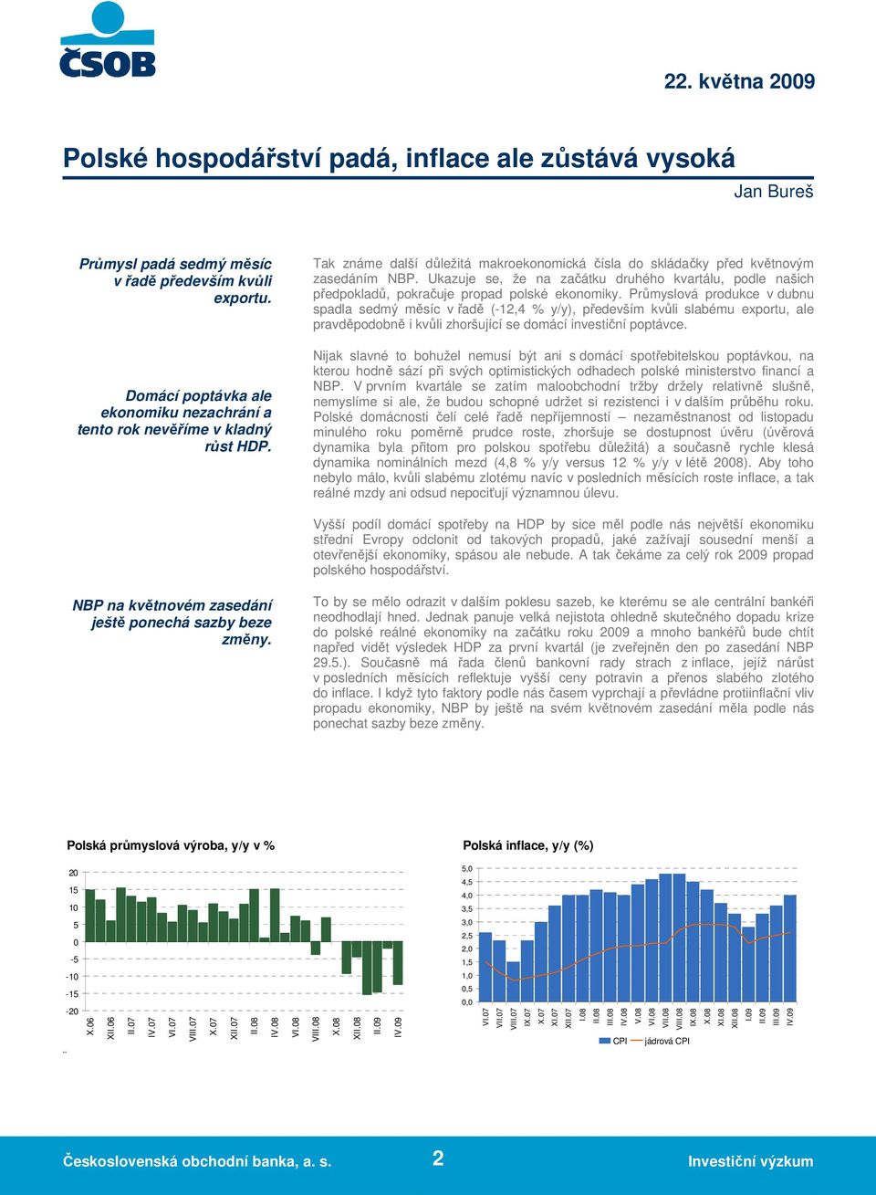 Průmyslová produkce v dubnu spadla sedmý měsíc v řadě (-12,4 % y/y), především kvůli slabému exportu, ale pravděpodobně i kvůli zhoršující se domácí investiční poptávce.