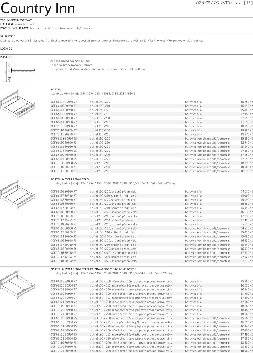 LOŽNICE POSTELE A C A: horní hrana bočnice 420 mm B: spodní hrana bočnice 140 mm C: nastavení podpěrného vlysu roštu od horní hrany bočnice: 135 241 mm B POSTEL rozměry š d v [mm]: 1754, 1954, 2154