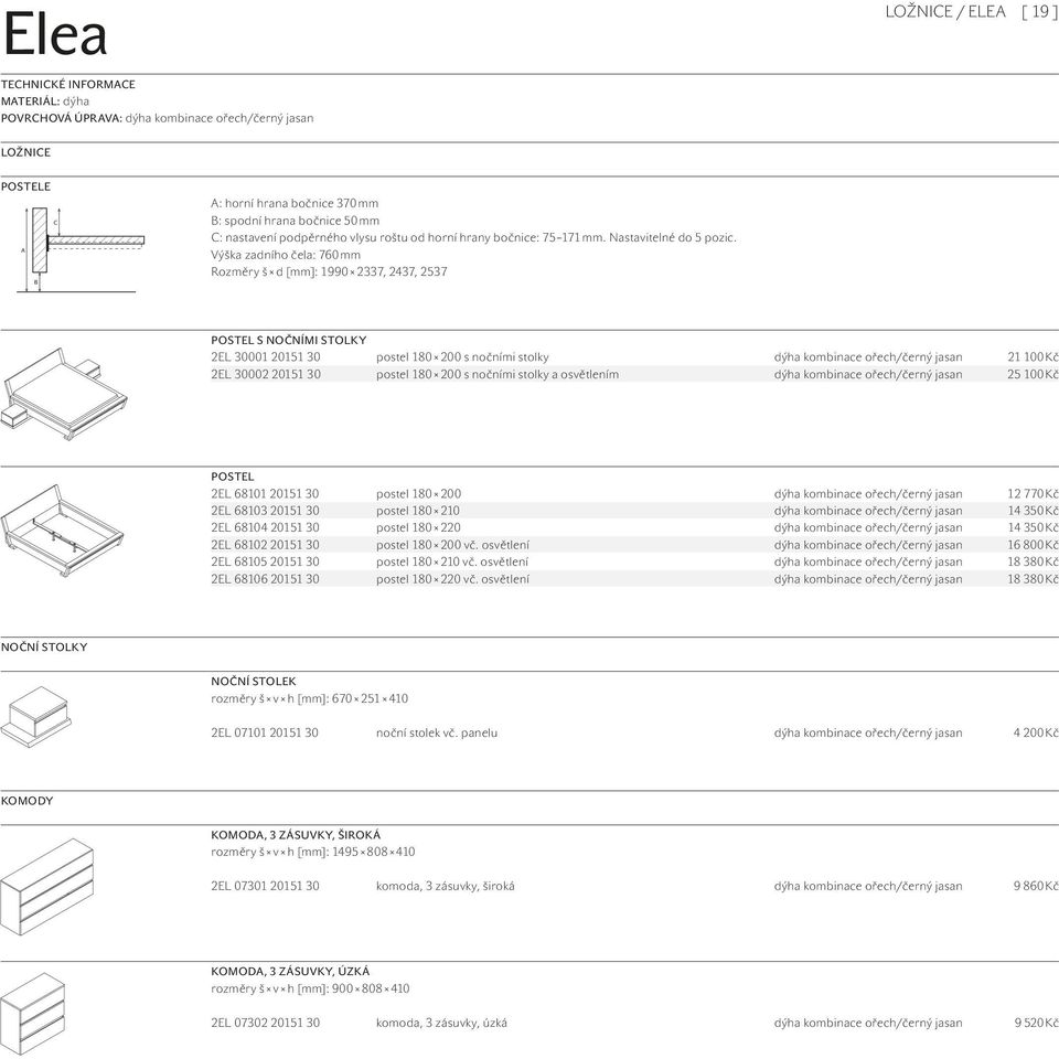 Výška zadního čela: 760 mm Rozměry š d [mm]: 1990 2337, 2437, 2537 POSTEL S NOČNÍMI STOLKY 2EL 30001 20151 30 postel 180 200 s nočními stolky dýha kombinace ořech/černý jasan 21 100 Kč 2EL 30002
