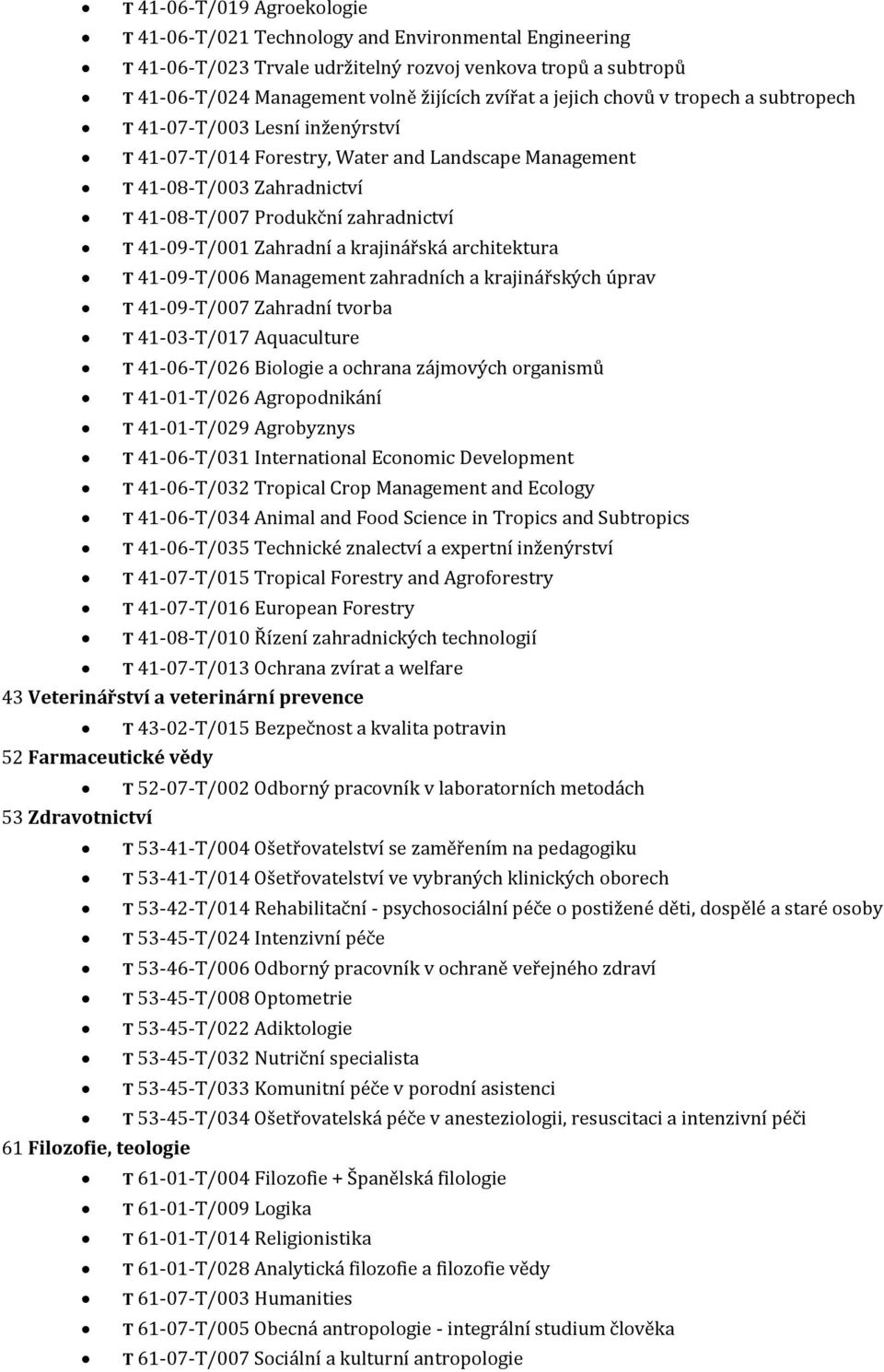 41-09-T/001 Zahradní a krajinářská architektura T 41-09-T/006 Management zahradních a krajinářských úprav T 41-09-T/007 Zahradní tvorba T 41-03-T/017 Aquaculture T 41-06-T/026 Biologie a ochrana