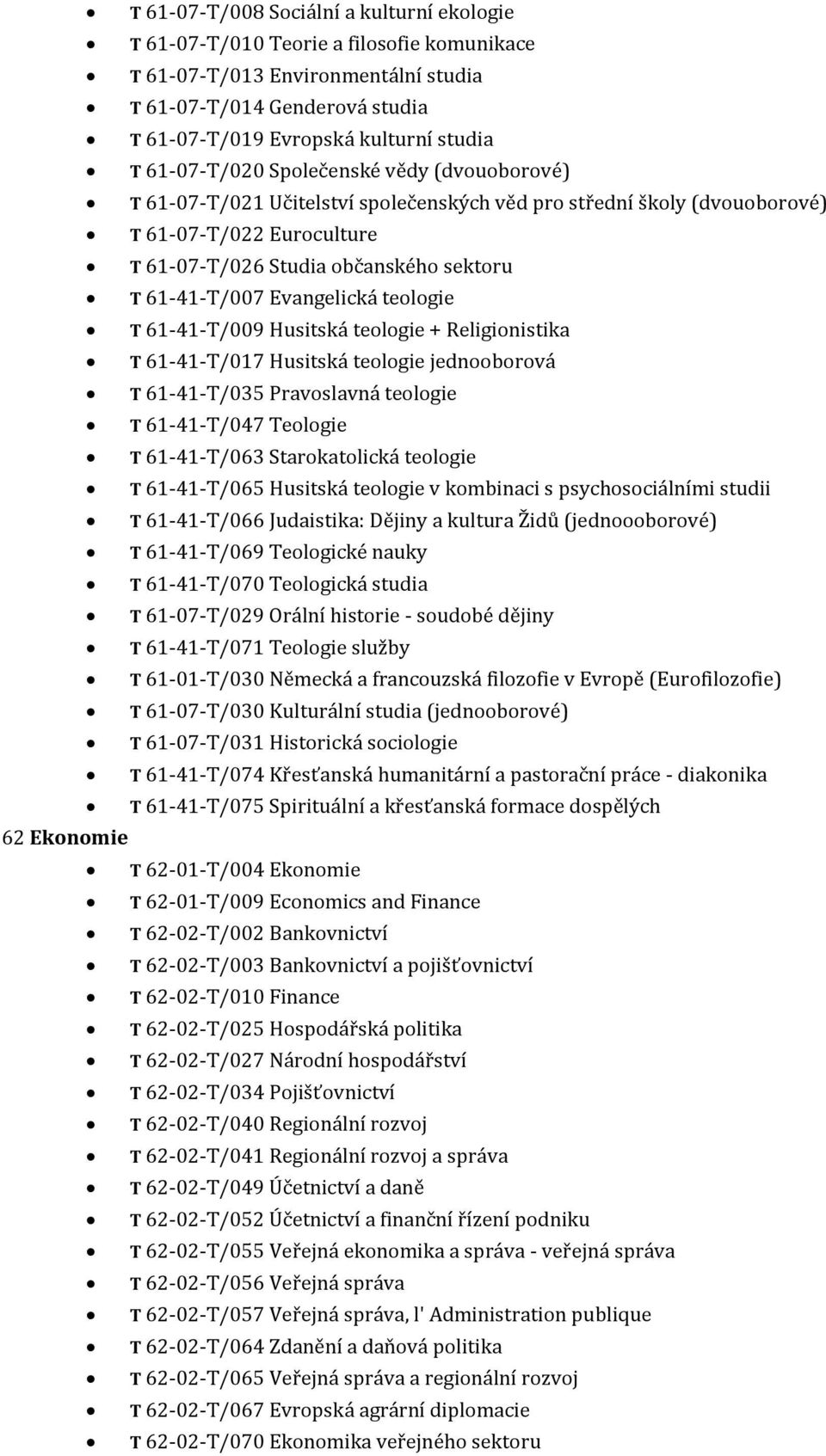 Evangelická teologie T 61-41-T/009 Husitská teologie + Religionistika T 61-41-T/017 Husitská teologie jednooborová T 61-41-T/035 Pravoslavná teologie T 61-41-T/047 Teologie T 61-41-T/063