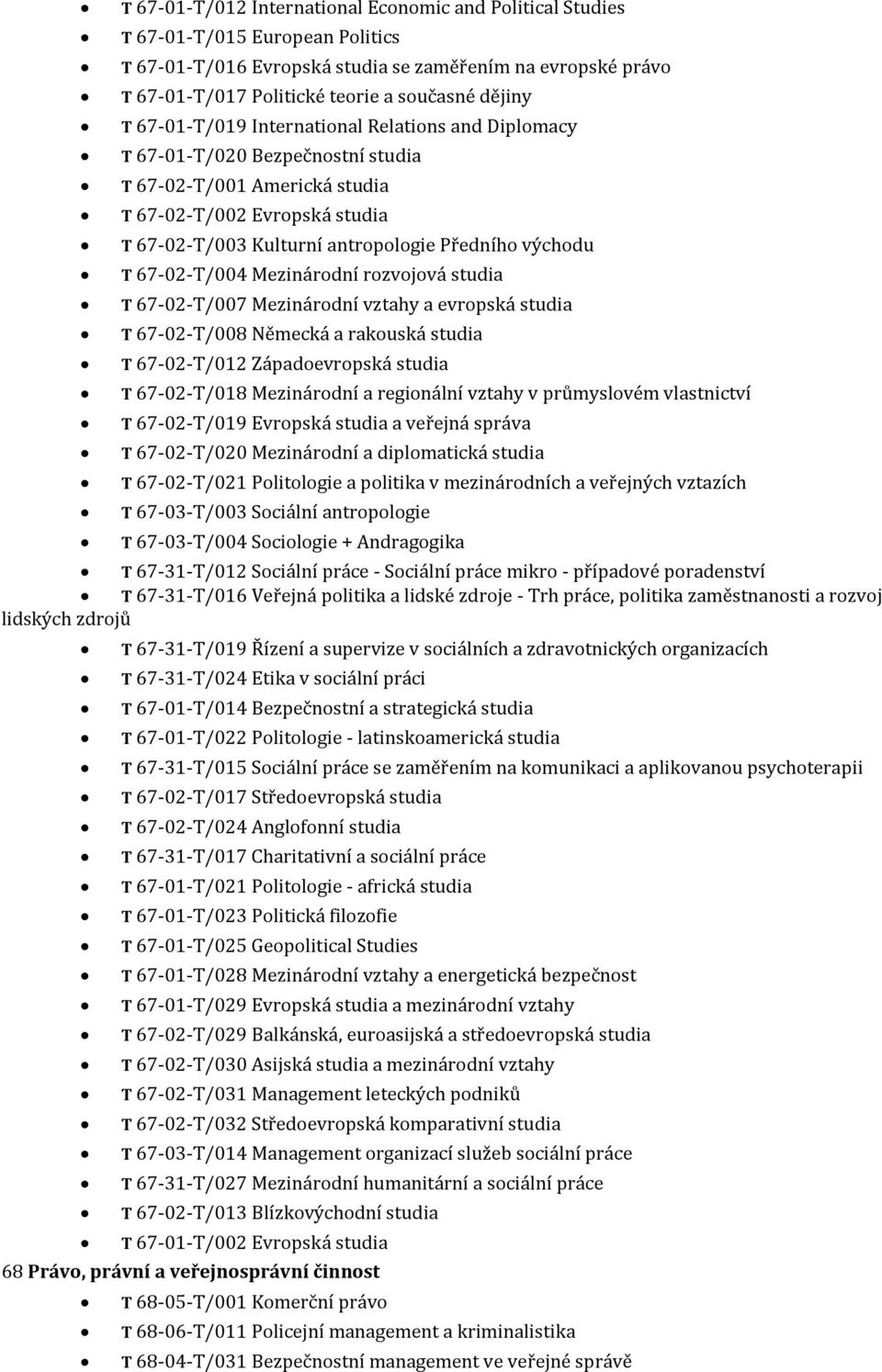 východu T 67-02-T/004 Mezinárodní rozvojová studia T 67-02-T/007 Mezinárodní vztahy a evropská studia T 67-02-T/008 Německá a rakouská studia T 67-02-T/012 Západoevropská studia T 67-02-T/018