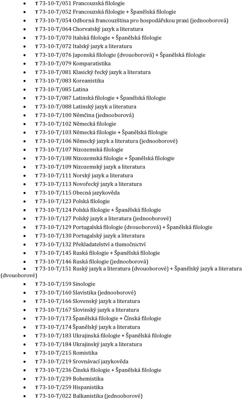 Komparatistika T 73-10-T/081 Klasický řecký jazyk a literatura T 73-10-T/083 Koreanistika T 73-10-T/085 Latina T 73-10-T/087 Latinská filologie + Španělská filologie T 73-10-T/088 Latinský jazyk a