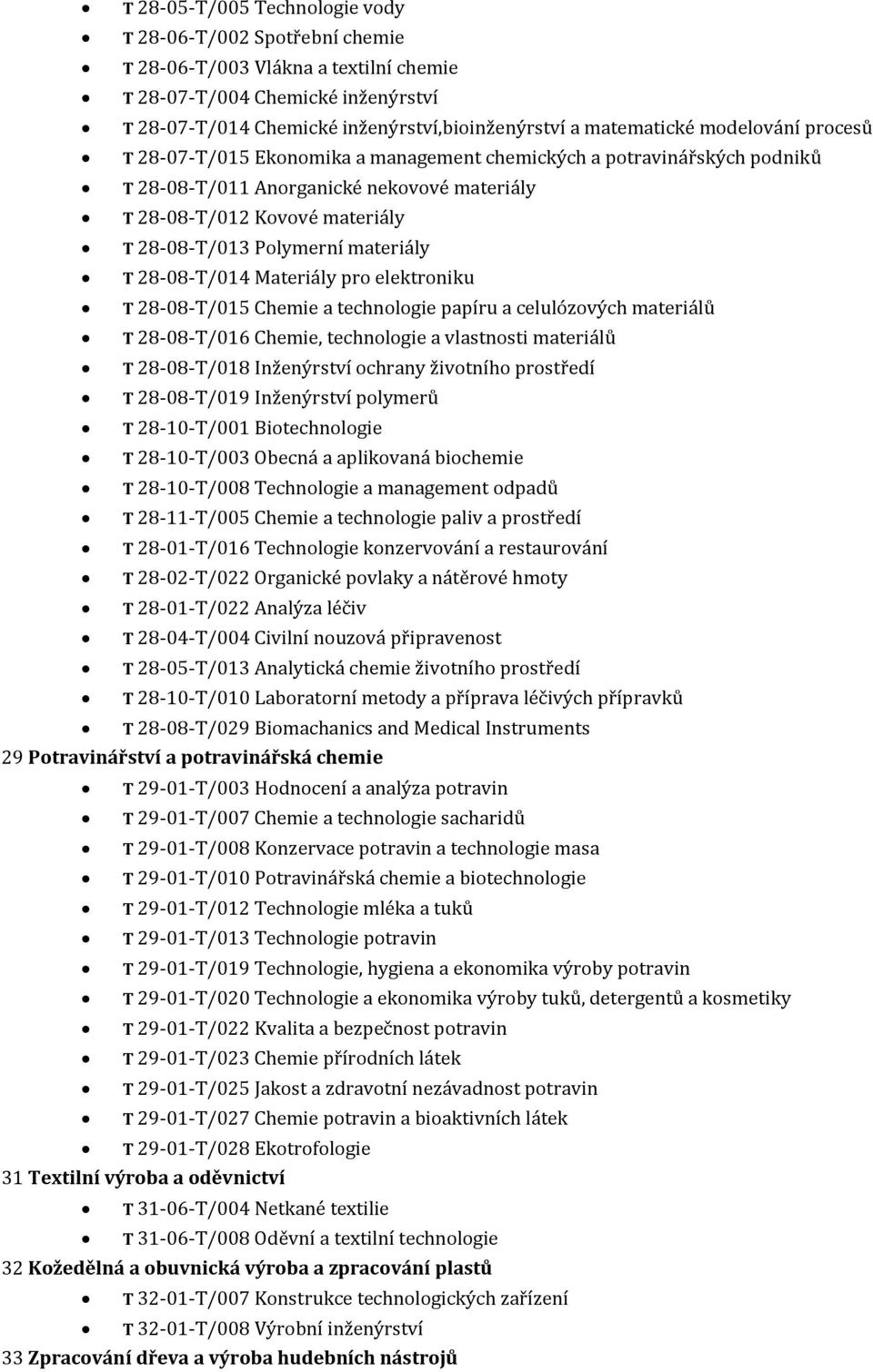 materiály T 28-08-T/014 Materiály pro elektroniku T 28-08-T/015 Chemie a technologie papíru a celulózových materiálů T 28-08-T/016 Chemie, technologie a vlastnosti materiálů T 28-08-T/018 Inženýrství