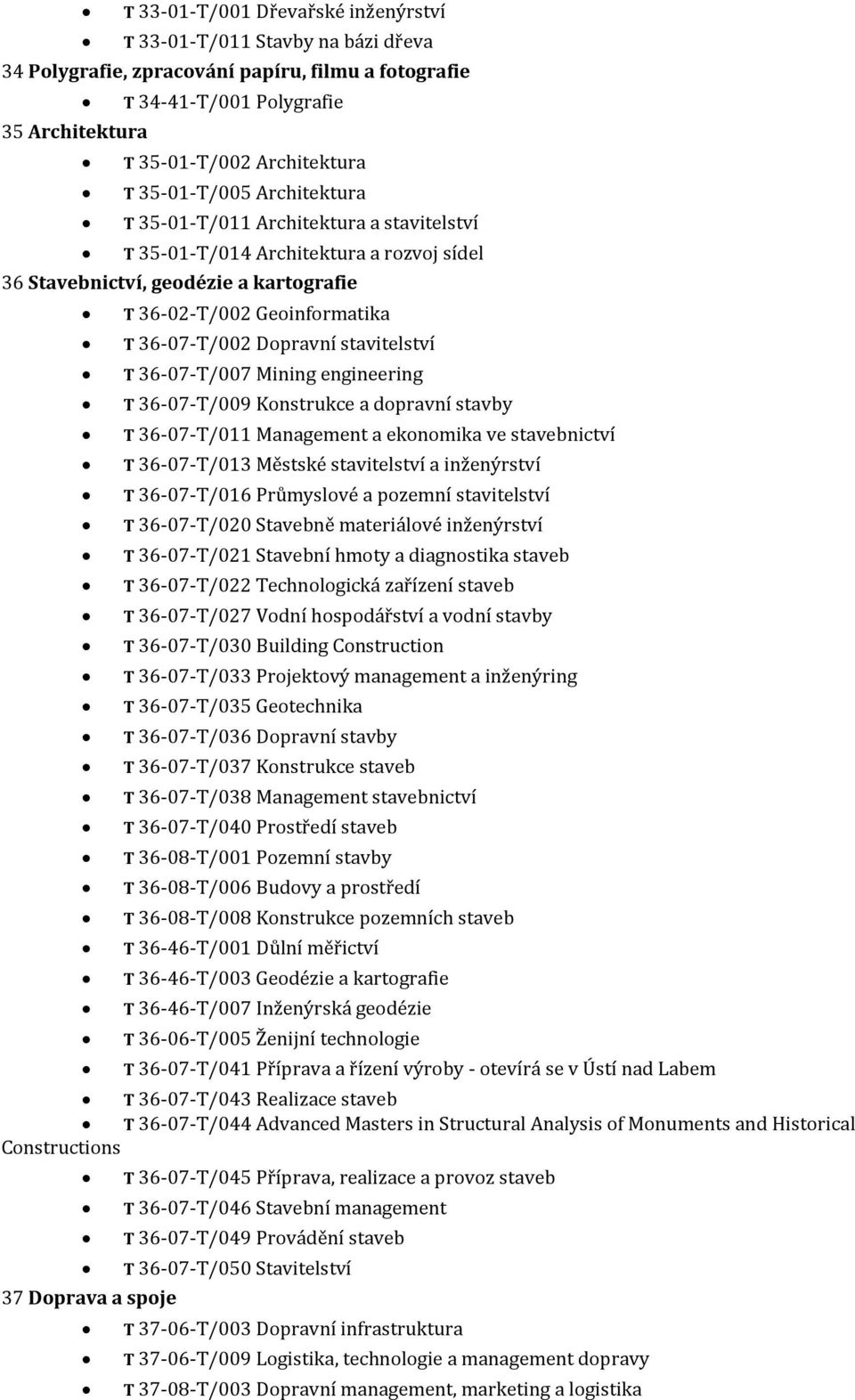 Dopravní stavitelství T 36-07-T/007 Mining engineering T 36-07-T/009 Konstrukce a dopravní stavby T 36-07-T/011 Management a ekonomika ve stavebnictví T 36-07-T/013 Městské stavitelství a inženýrství