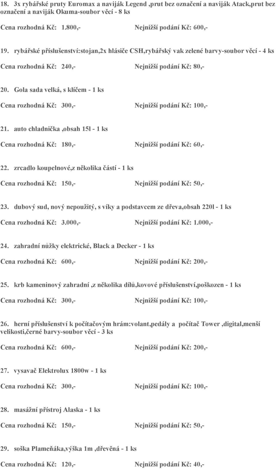 auto chladnička,obsah 15l - 1 ks Cena rozhodná Kč: 180,- Nejnižší podání Kč: 60,- 22. zrcadlo koupelnové,z několika částí - 1 ks 23.