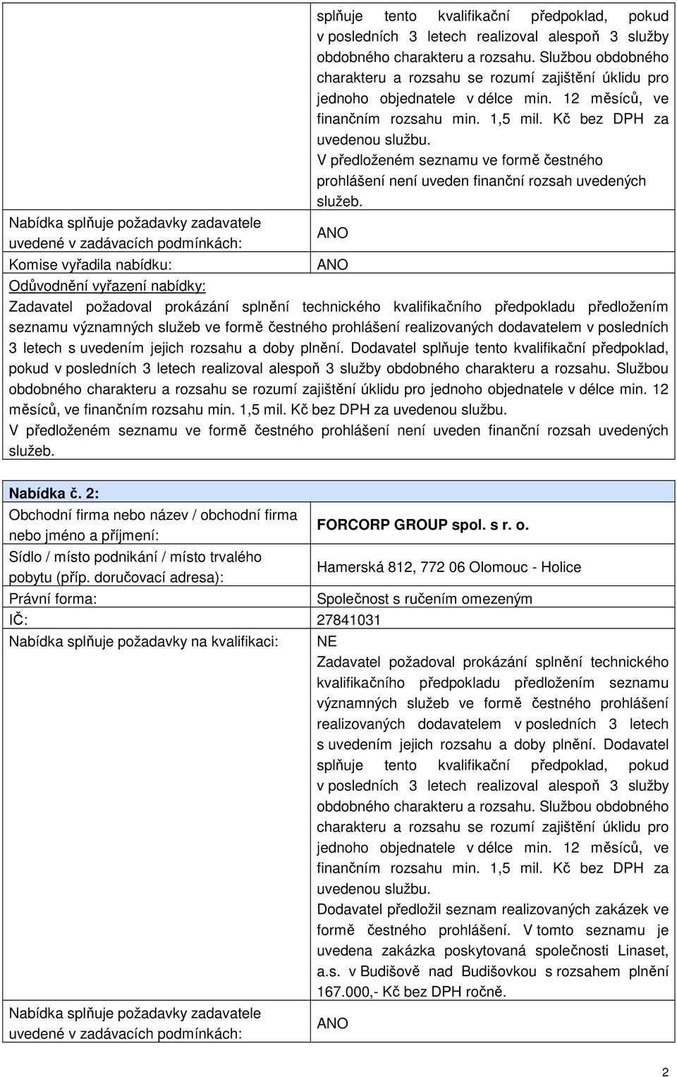 V předloženém seznamu ve formě čestného prohlášení není uveden finanční rozsah uvedených služeb.