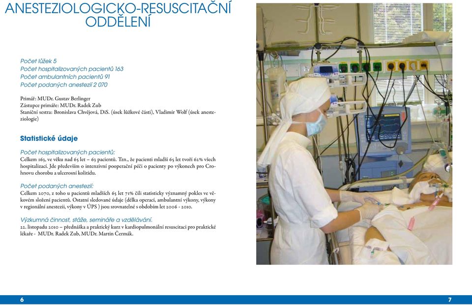 (úsek lůžkové části), Vladimír Wolf (úsek anesteziologie) Statistické údaje Počet hospitalizovaných pacientů: Celkem 163, ve věku nad 65 let 63 pacientů. Tzn.