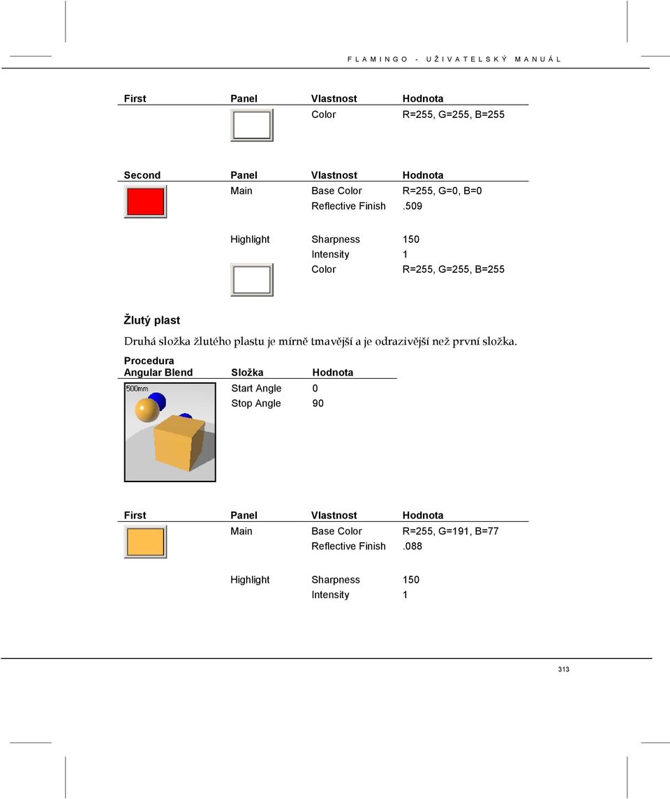 509 Highlight Sharpness 150 Intensity 1 Color R=255, G=255, B=255 Žlutý plast Druhá složka žlutého plastu je mírně tmavější a je