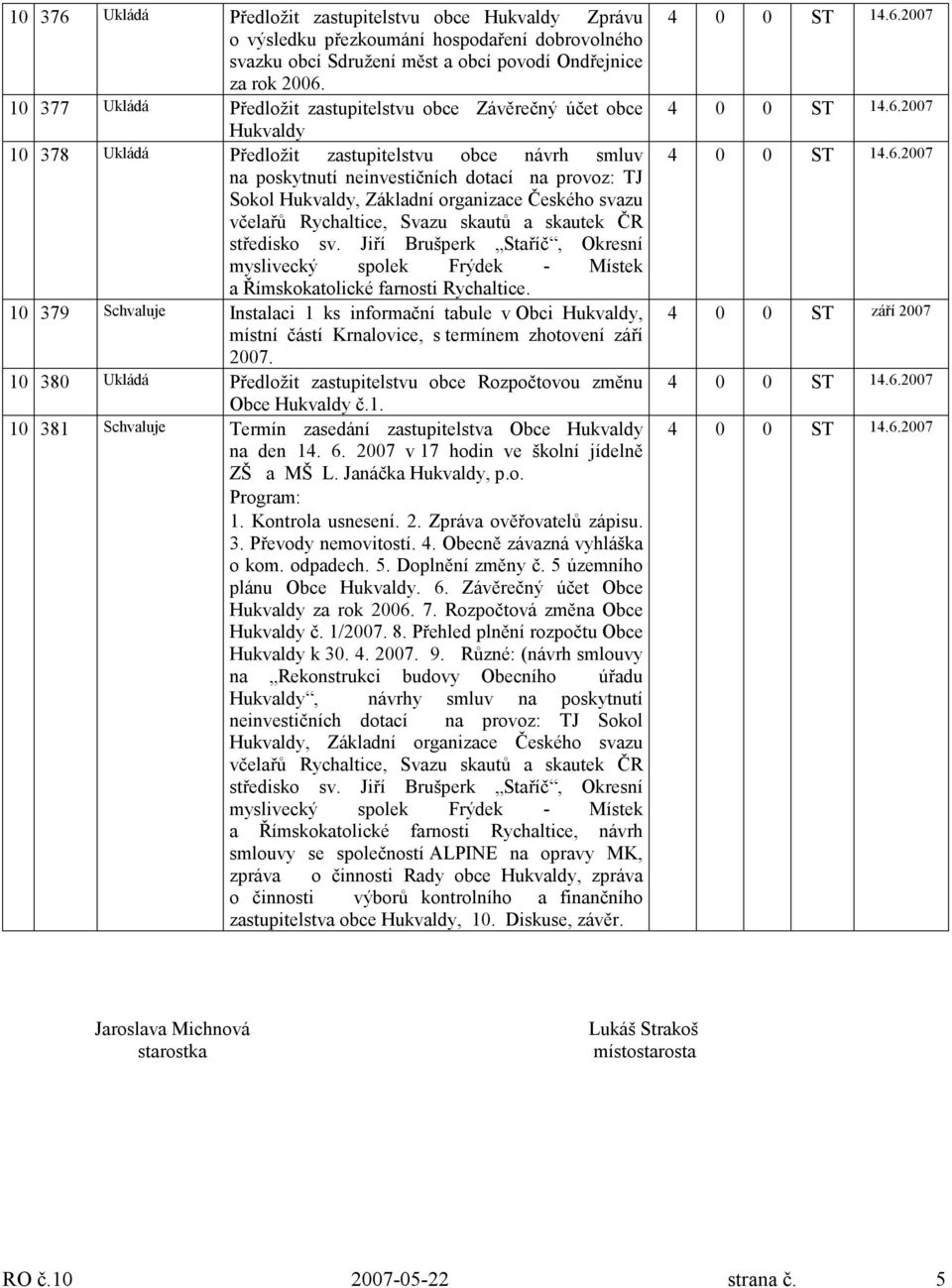 Základní organizace Českého svazu včelařů Rychaltice, Svazu skautů a skautek ČR středisko sv. Jiří Brušperk Staříč, Okresní myslivecký spolek Frýdek - Místek a Římskokatolické farnosti Rychaltice.