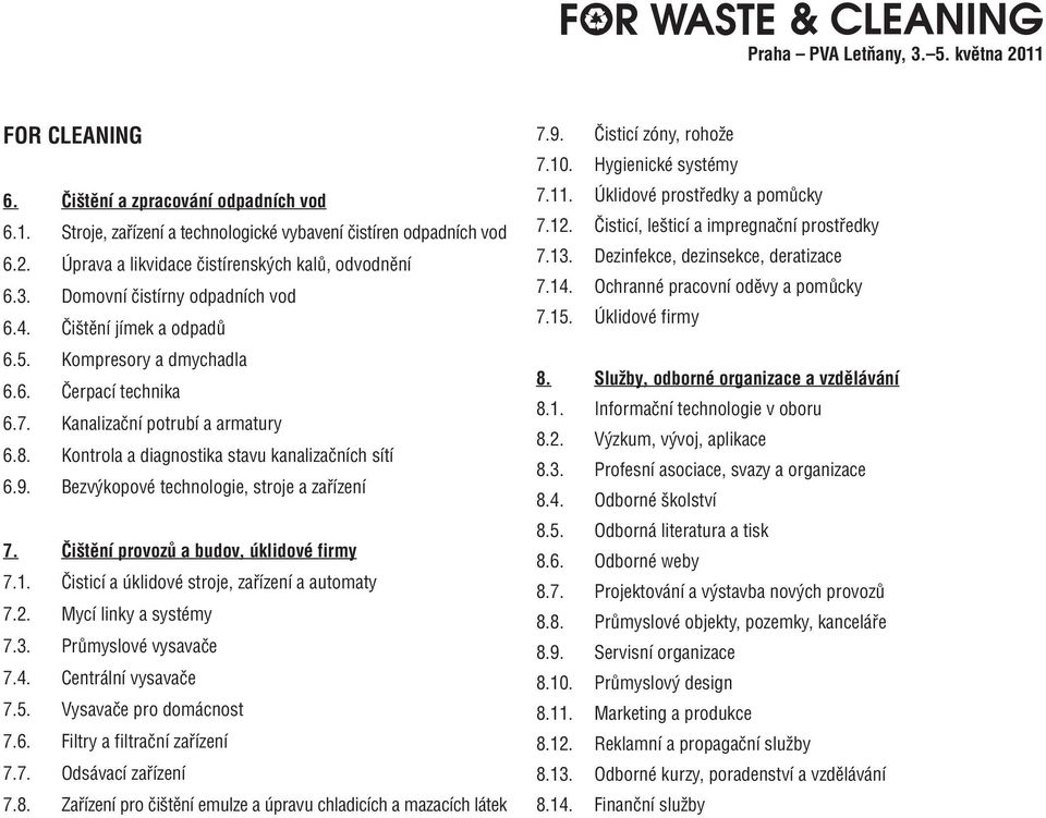 9. Bezvýkopové technologie, stroje a zařízení 7. Čištění provozů a budov, úklidové firmy 7.1. Čisticí a úklidové stroje, zařízení a automaty 7.2. Mycí linky a systémy 7.3. Průmyslové vysavače 7.4.