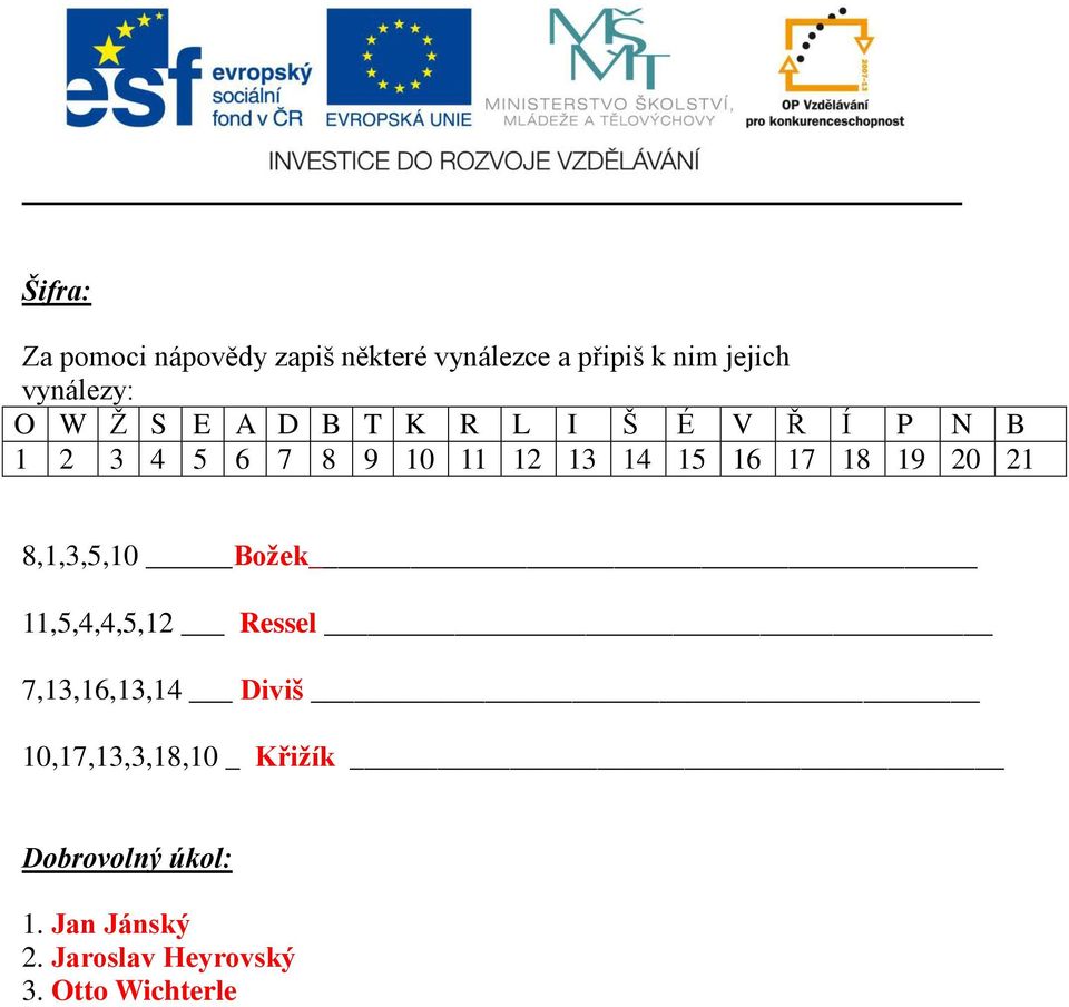 17 18 19 20 21 8,1,3,5,10 Božek 11,5,4,4,5,12 Ressel 7,13,16,13,14 Diviš