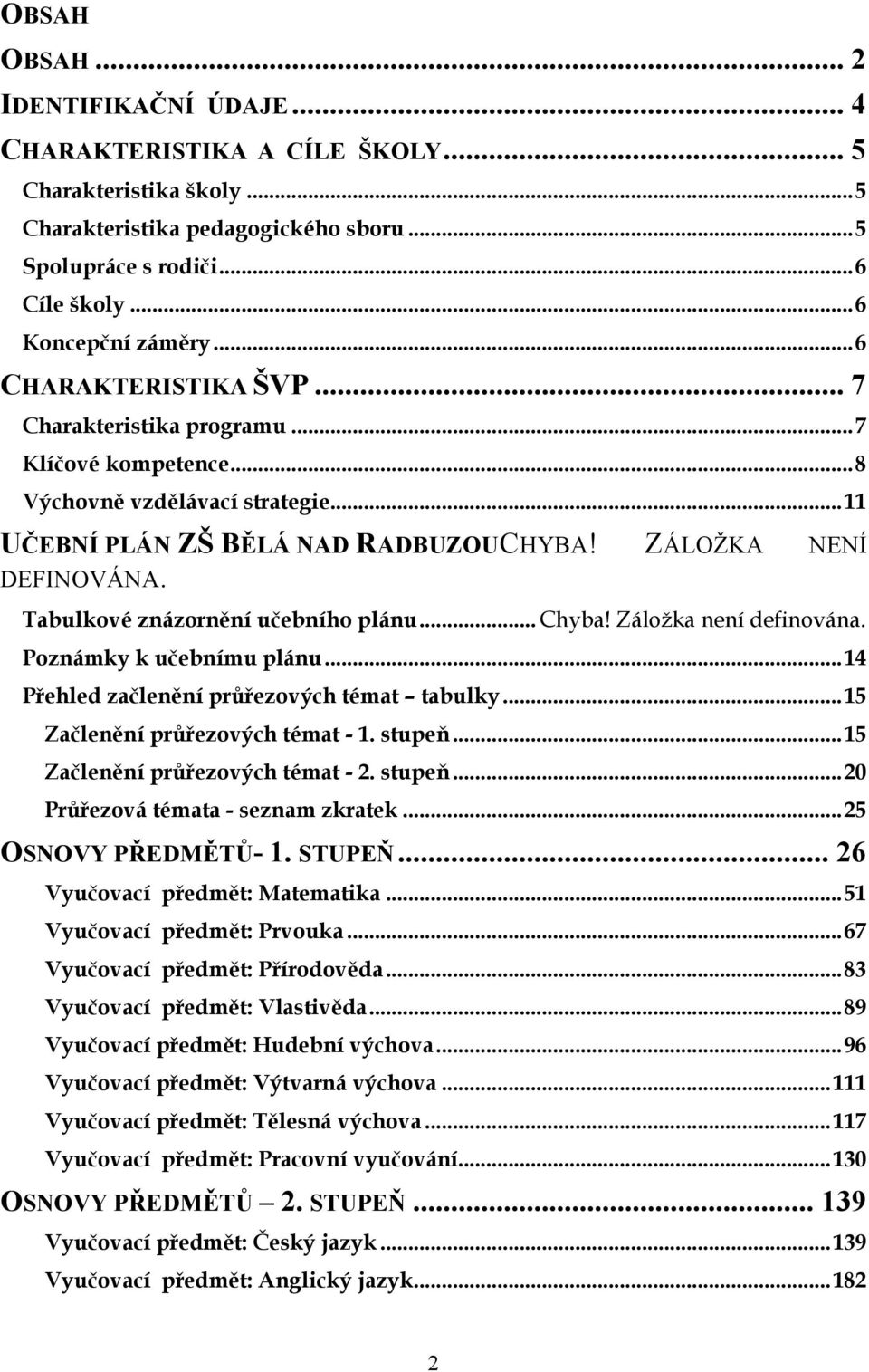 Tabulkové znázornění učebního plánu... Chyba! Záložka není definována. Poznámky k učebnímu plánu...14 Přehled začlenění průřezových témat tabulky...15 Začlenění průřezových témat - 1. stupeň.