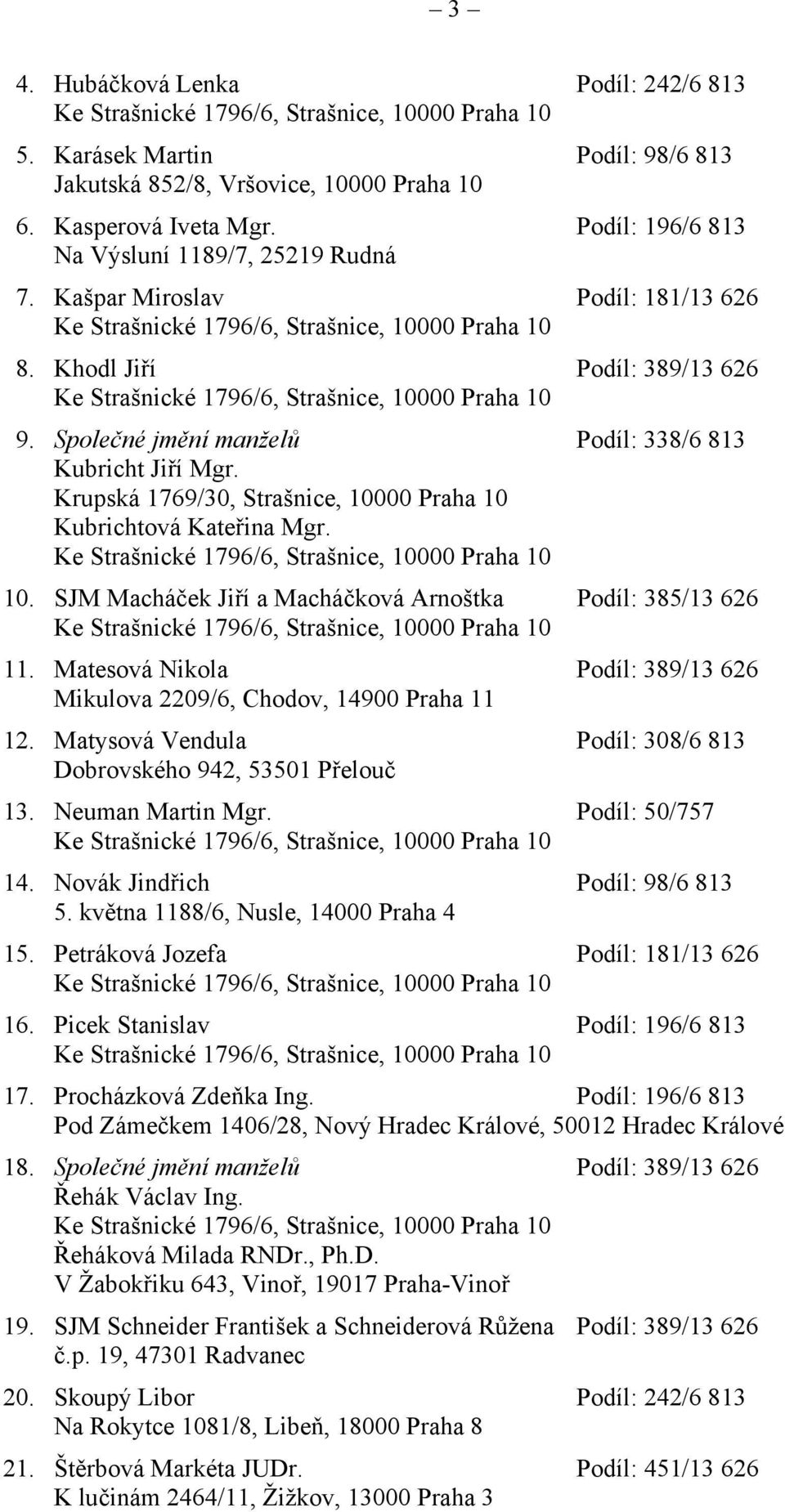 00 Praha 10 Kubrichtová Kateřina Mgr. 10. SJM Macháček Jiří a Macháčková Arnoštka Podíl: 385/13 626 11. Matesová Nikola Podíl: 389/13 626 Mikulova 2209/6, Chodov, 14900 Praha 11 12.