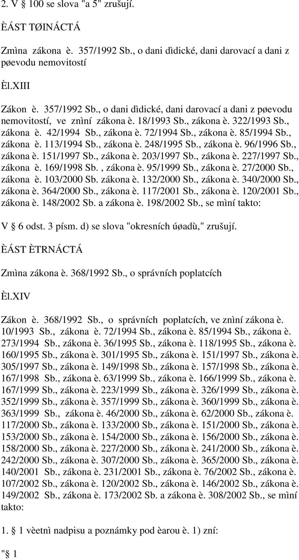 , zákona è. 203/1997 Sb., zákona è. 227/1997 Sb., zákona è. 169/1998 Sb., zákona è. 95/1999 Sb., zákona è. 27/2000 Sb., zákona è. 103/2000 Sb. zákona è. 132/2000 Sb., zákona è. 340/2000 Sb., zákona è. 364/2000 Sb.