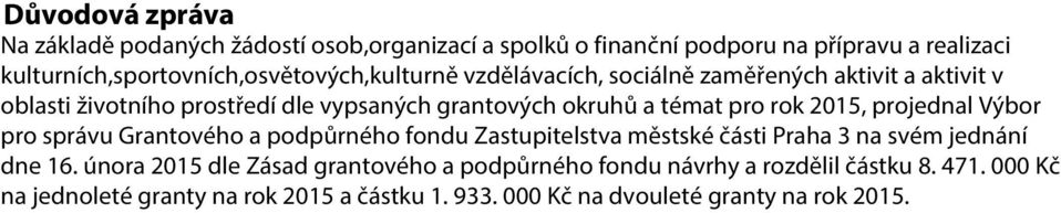 grantových okruhů a témat pro rok 2015, projednal Výbor pro správu Grantového a podpůrného fondu Zastupitelstva městské části Praha 3 na svém