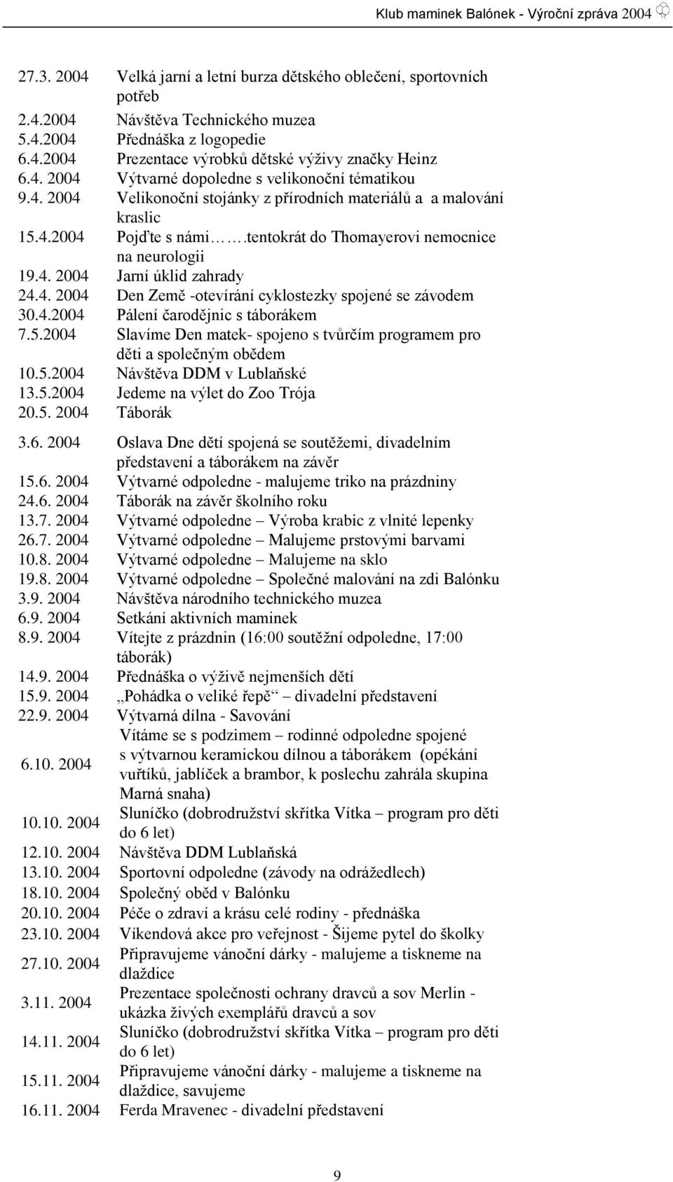 tentokrát do Thomayerovi nemocnice na neurologii 19.4. 2004 Jarní úklid zahrady 24.4. 2004 Den Země -otevírání cyklostezky spojené se závodem 30.4.2004 Pálení čarodějnic s táborákem 7.5.