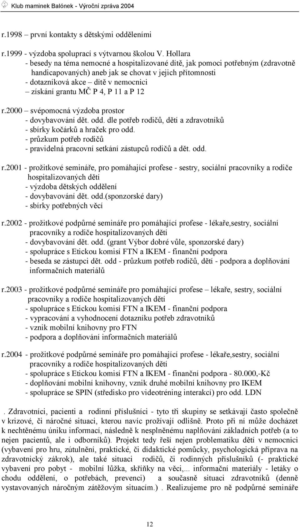 P 4, P 11 a P 12 r.2000 svépomocná výzdoba prostor - dovybavování dět. odd. dle potřeb rodičů, dětí a zdravotníků - sbírky kočárků a hraček pro odd.