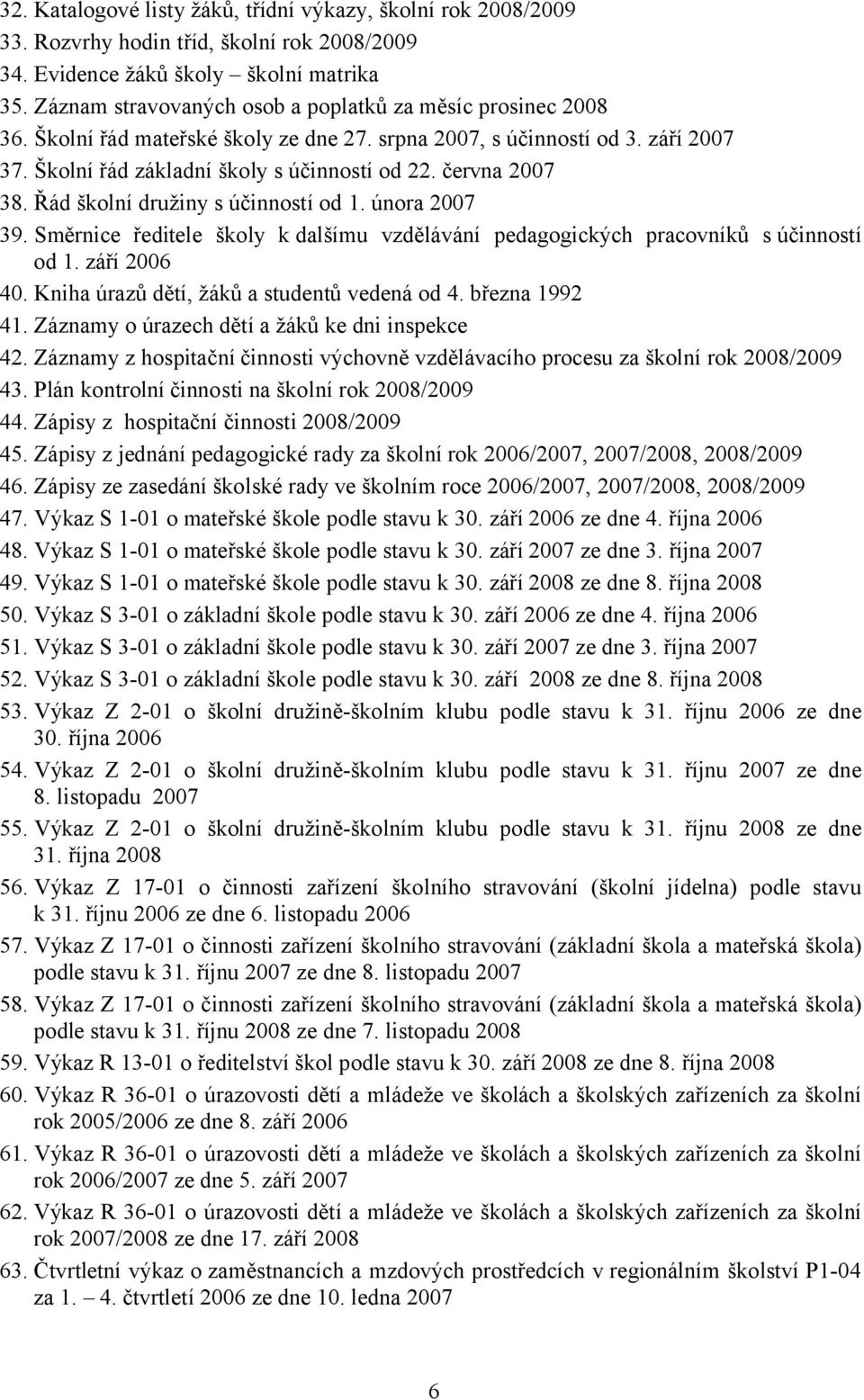 června 2007 38. Řád školní družiny s účinností od 1. února 2007 39. Směrnice ředitele školy k dalšímu vzdělávání pedagogických pracovníků s účinností od 1. září 2006 40.