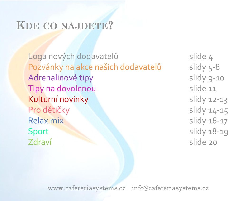 dodavatelů slidy 5-8 Adrenalinové tipy slidy 9-10 Tipy na