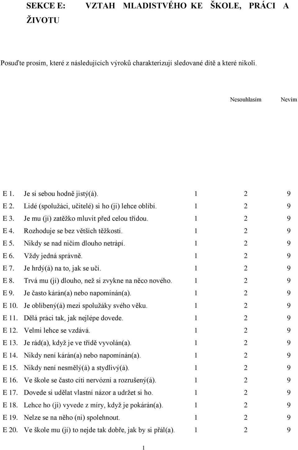 Nikdy se nad ničím dlouho netrápí. 2 9 E 6. Vždy jedná správně. 2 9 E 7. Je hrdý(á) na to, jak se učí. 2 9 E 8. Trvá mu (jí) dlouho, než si zvykne na něco nového. 2 9 E 9.