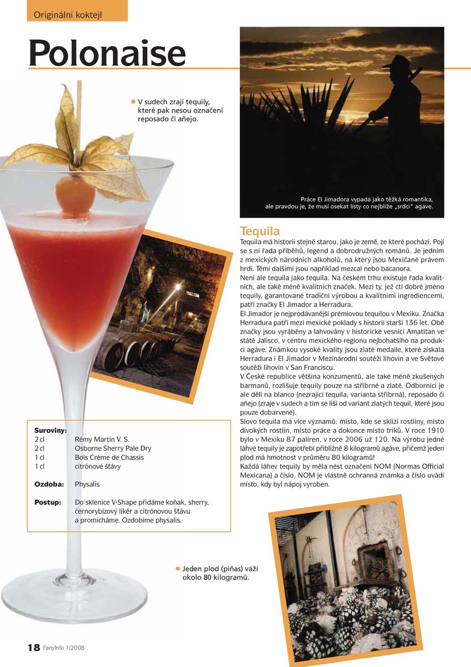 roviny: 2 cl Rémy Martin V. S. 2 cl Osborne Sherry Pale Dry 1 cl Bols Créme de Chassis 1 cl citrónové šťávy Ozdoba: Physalis Tequila Tequila má historii stejně starou, jako je země, ze které pochází.