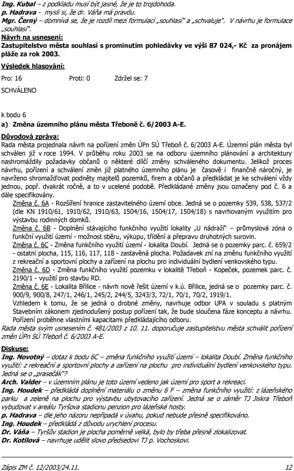 Výsledek hlasování: Pro: 16 Proti: 0 Zdržel se: 7 k bodu 6 a) Změna územního plánu města Třeboně č. 6/2003 A-E. Rada města projednala návrh na pořízení změn ÚPn SÚ Třeboň č. 6/2003 A-E. Územní plán města byl schválen již v roce 1994.