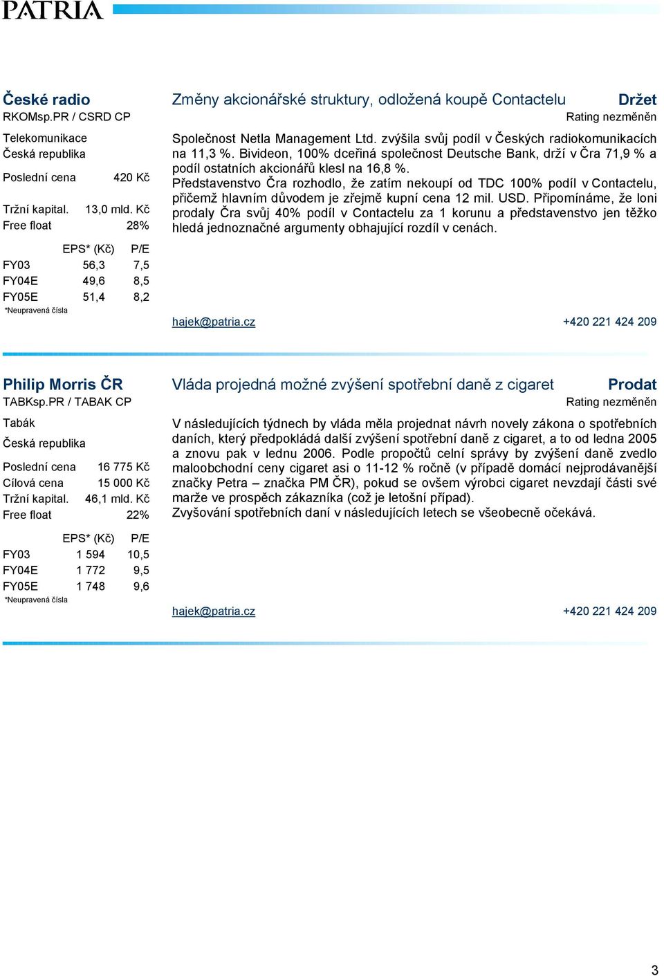 Bivideon, 100% dceřiná společnost Deutsche Bank, drží v Čra 71,9 % a podíl ostatních akcionářů klesl na 16,8 %.