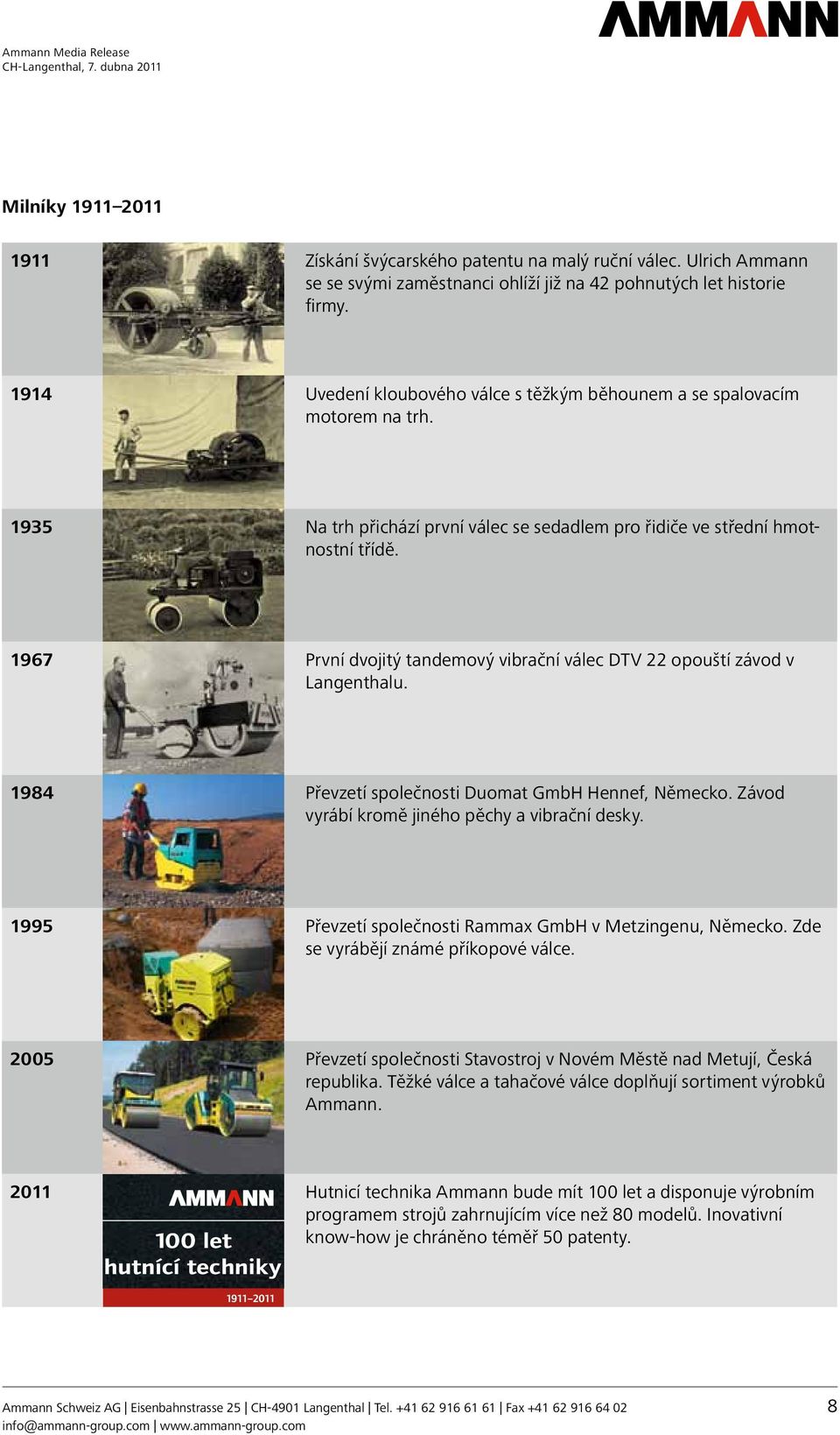 1967 První dvojitý tandemový vibrační válec DTV 22 opouští závod v Langenthalu. 1984 Převzetí společnosti Duomat GmbH Hennef, Německo. Závod vyrábí kromě jiného pěchy a vibrační desky.