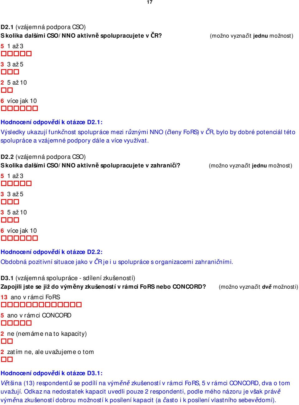 2 (vzájemná podpora CSO) S kolika dalšími CSO/NNO aktivn spolupracujete v zahranií? 5 1 až 3 3 3 až 5 3 5 až 10 6 více jak 10 (možno vyznait jednu možnost) Hodnocení odpovdí k otázce D2.