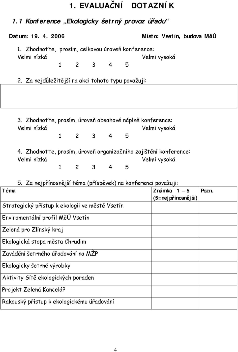 Za nejpřínosnější téma (příspěvek) na konferenci považuji: Téma Známka 1 5 (5=nejpřínosnější) Strategický přístup k ekologii ve městě Vsetín Pozn.