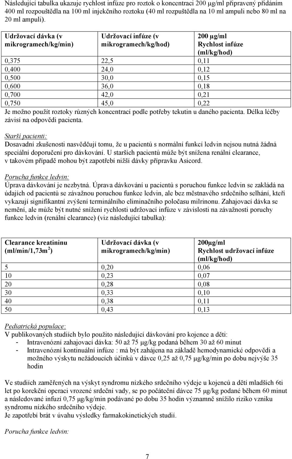 Udržovací dávka (v mikrogramech/kg/min) Udržovací infúze (v mikrogramech/kg/hod) 200 µg/ml Rychlost infúze (ml/kg/hod) 0,375 22,5 0,11 0,400 24,0 0,12 0,500 30,0 0,15 0,600 36,0 0,18 0,700 42,0 0,21