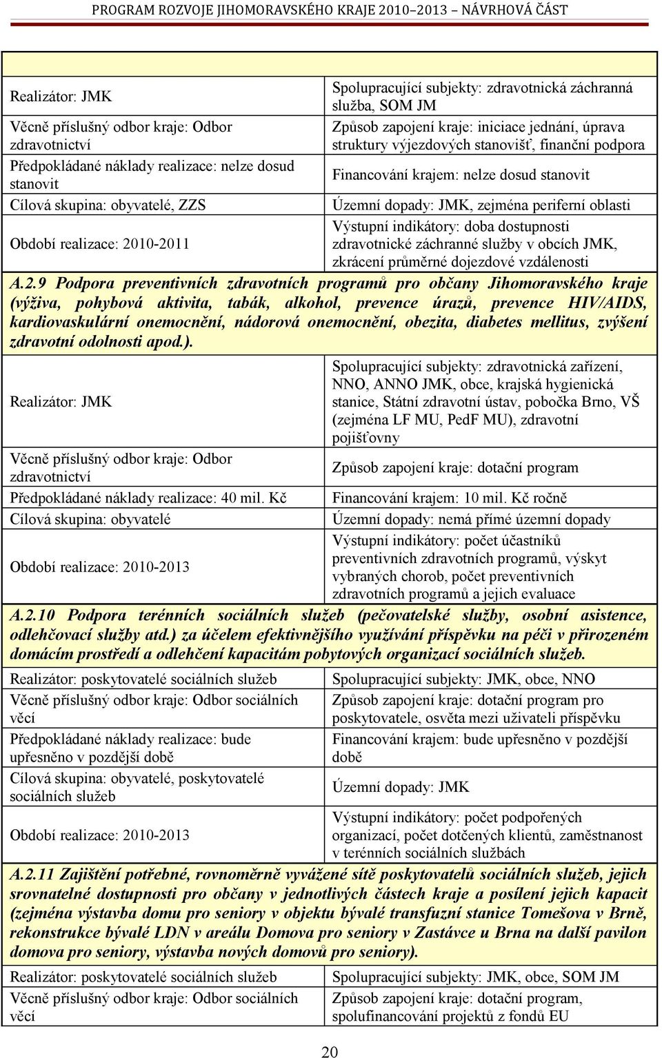 zdravotnické záchranné služby v obcích JMK, zkrácení průměrné dojezdové vzdálenosti A.2.