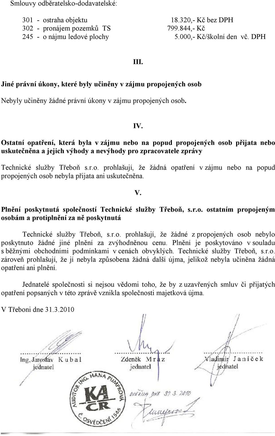 Ostatní opatření, která byla v zájmu nebo na popud propojených osob přijata nebo uskutečněna a jejich výhody a nevýhody pro zpracovatele zprávy Technické služby Třeboň s.r.o. prohlašují, že žádná opatření v zájmu nebo na popud propojených osob nebyla přijata ani uskutečněna.