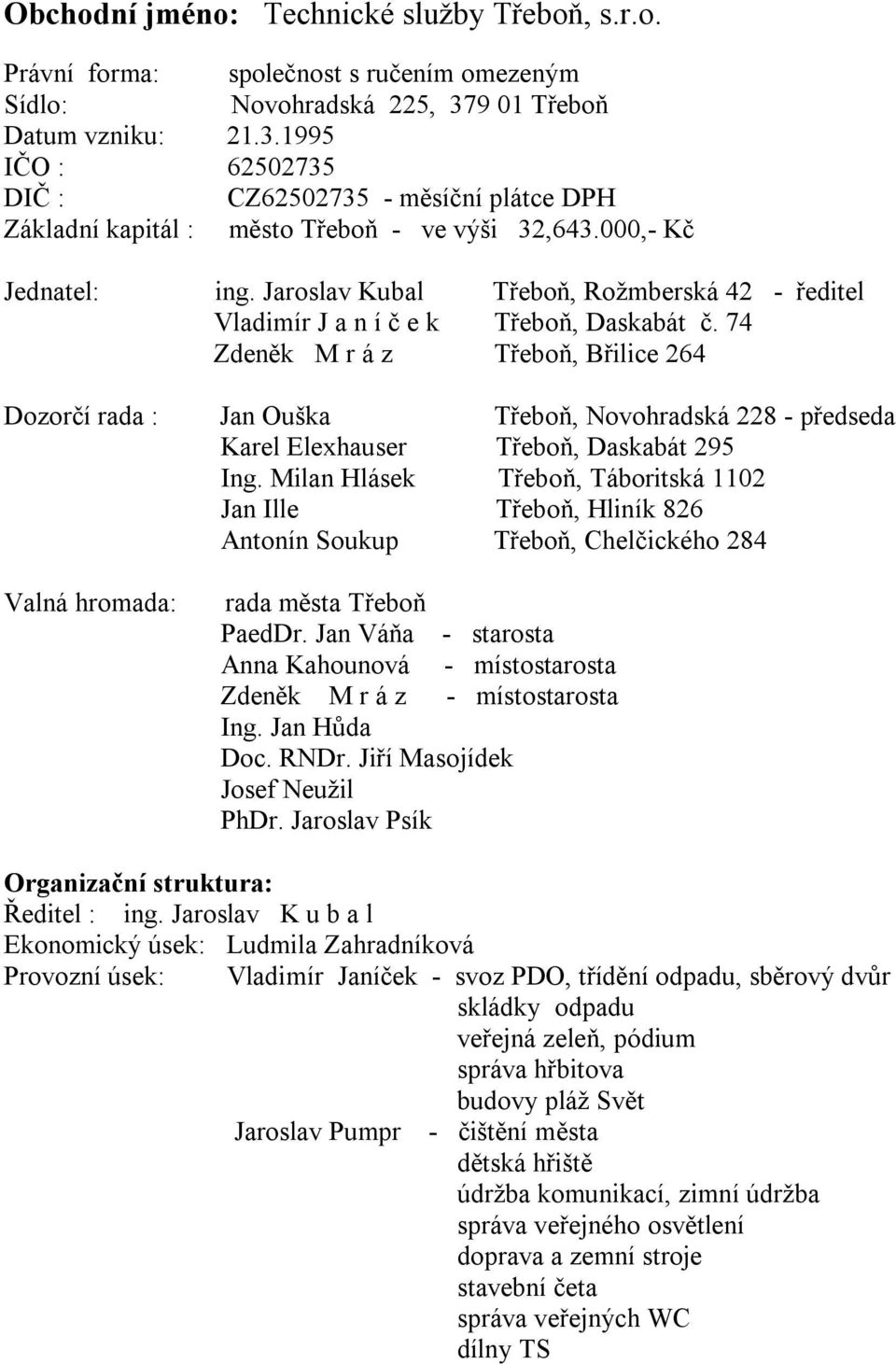 Jaroslav Kubal Třeboň, Rožmberská 42 - ředitel Vladimír J a n í č e k Třeboň, Daskabát č.