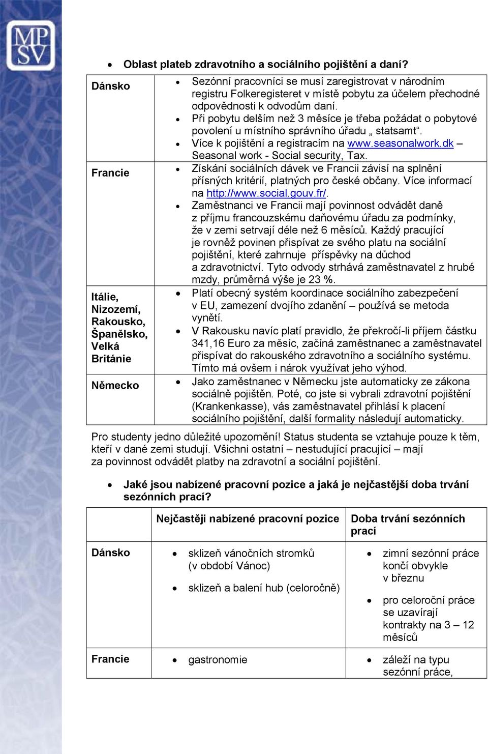 Při pobytu delším než 3 měsíce je třeba požádat o pobytové povolení u místního správního úřadu statsamt. Více k pojištění a registracím na www.seasonalwork.dk Seasonal work - Social security, Tax.