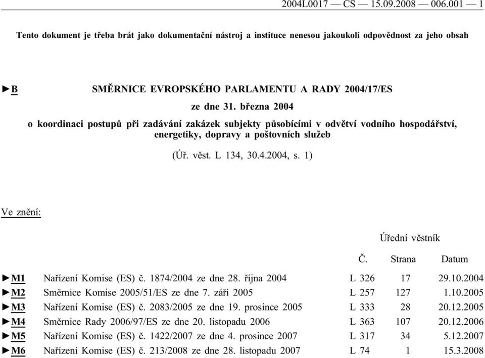 března 2004 o koordinaci postupů při zadávání zakázek subjekty působícími v odvětví vodního hospodářství, energetiky, dopravy a poštovních služeb (Úř. věst. L 134, 30.4.2004, s.