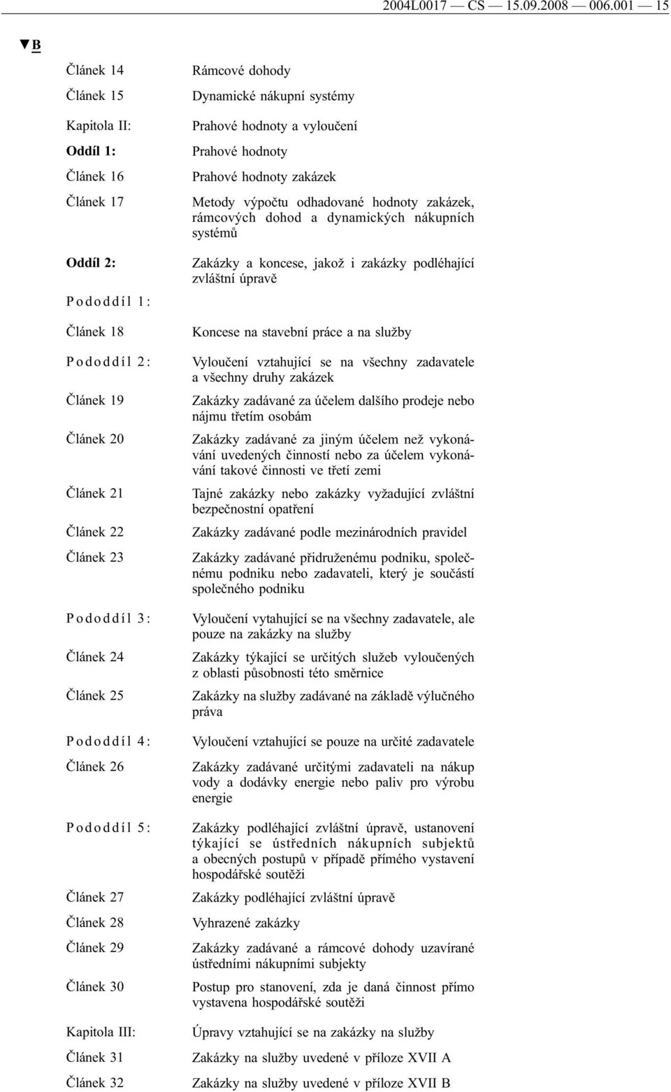 Pododdíl 4: Článek 26 Pododdíl 5: Článek 27 Článek 28 Článek 29 Článek 30 Kapitola III: Článek 31 Článek 32 Rámcové dohody Dynamické nákupní systémy Prahové hodnoty a vyloučení Prahové hodnoty