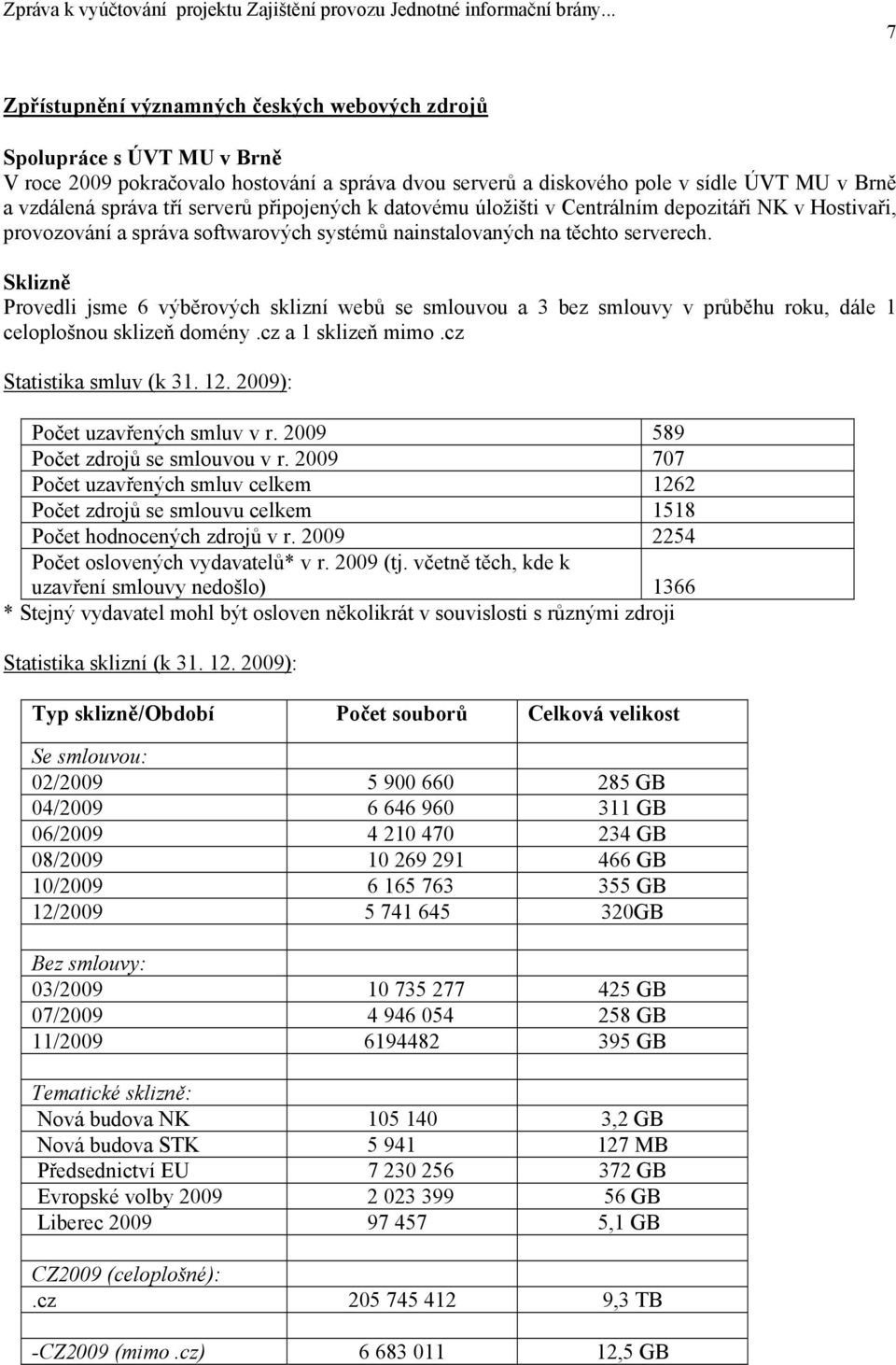 Sklizně Provedli jsme 6 výběrových sklizní webů se smlouvou a 3 bez smlouvy v průběhu roku, dále 1 celoplošnou sklizeň domény.cz a 1 sklizeň mimo.cz Statistika smluv (k 31. 12.