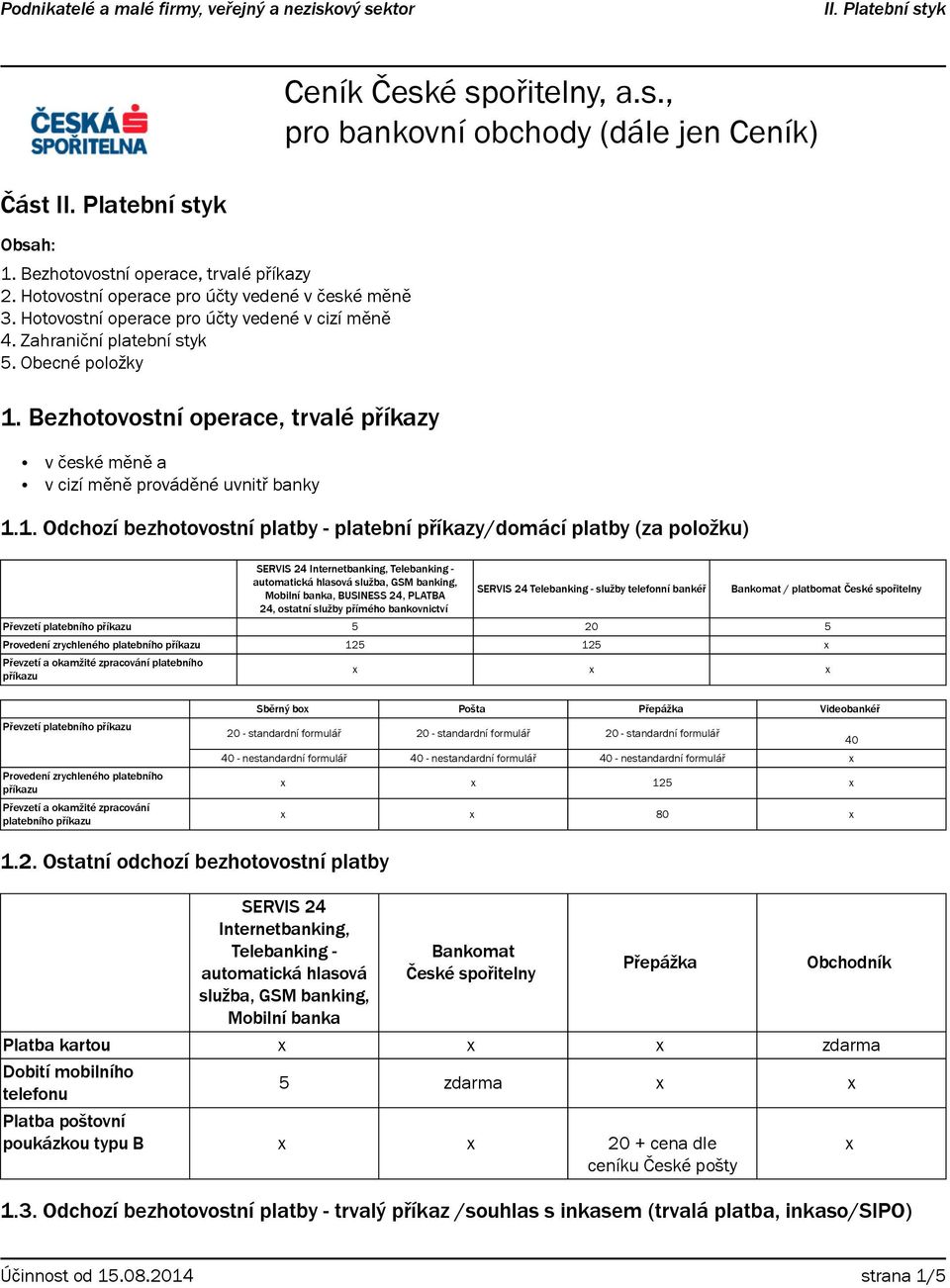 Bezhotovostní operace, trvalé příkazy v české měně a v cizí měně prováděné uvnitř banky 1.